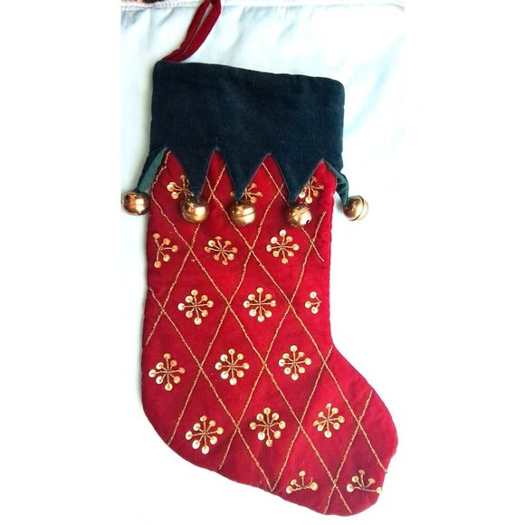 Unbranded Christmas Stocking Red Green Jiingle Bells Sequins Beading - Picture 1 of 8